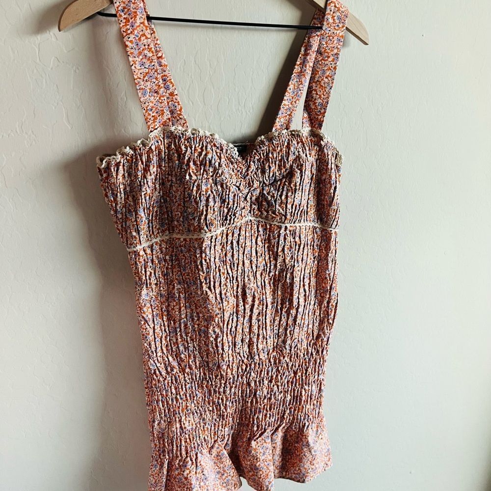Zara Women’s Orange Floral Ruffle Smocked Mini Bodycon Boho Dress NWOT Size L - Picture 3 of 8